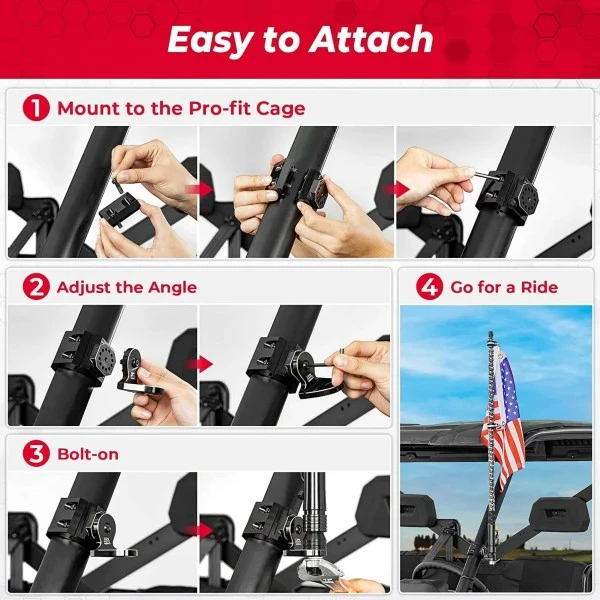 Kemimoto UTV Pro-fit Flag Mount Whip Light Adjustable Whip Mounting Bracket - Image 8