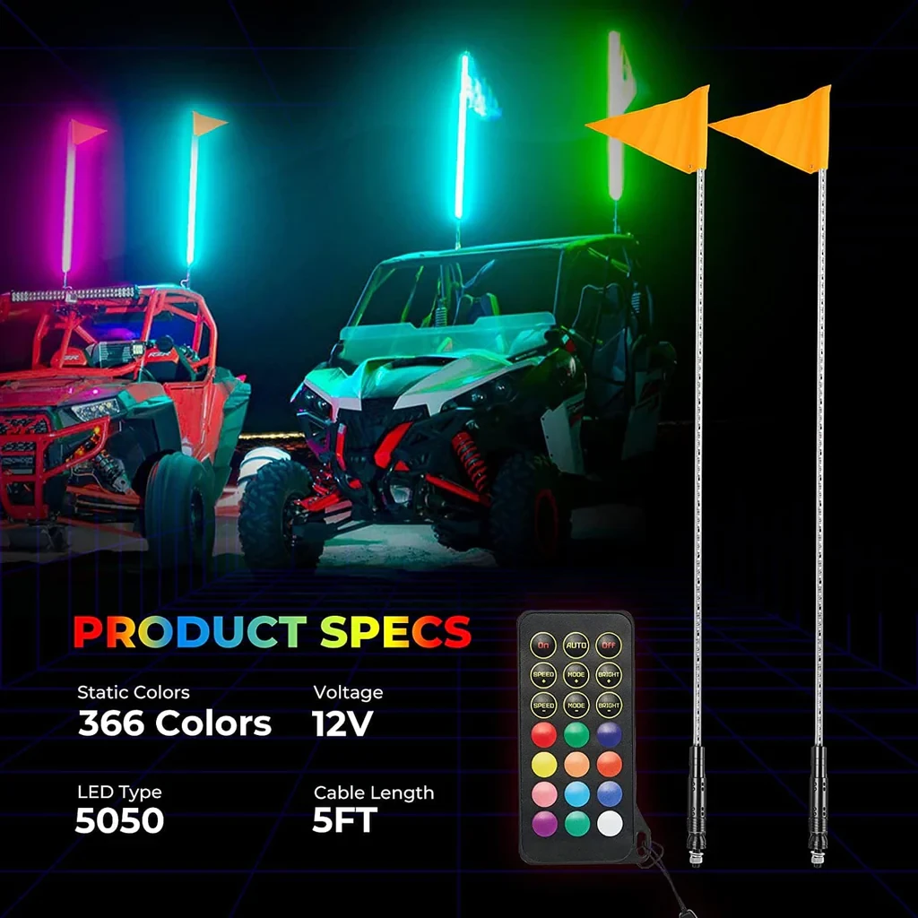 Kemimoto Whip Light Set, 2PCS 5FT Whip Light & 2PCS Flag Mount & 12V Switch On-off - Image 10