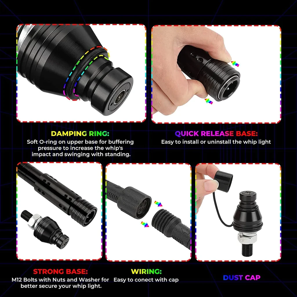 Kemimoto Whip Light Set, 2PCS 5FT Whip Light & 2PCS Flag Mount & 12V Switch On-off - Image 8